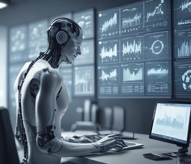 Inteligencia artificial que analiza datos en múltiples pantallas digitales en una sala futurista