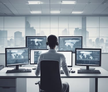 Un analista de ciberseguridad en un centro de control de alta tecnología que monitorea datos globale