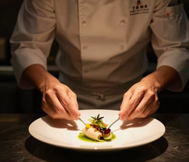 Elegant portrait of a chef meticulously plating a delicate culinary creation in a dimly lit, high-end kitchen, warm golden-hour spotlight on the plate, dark background.