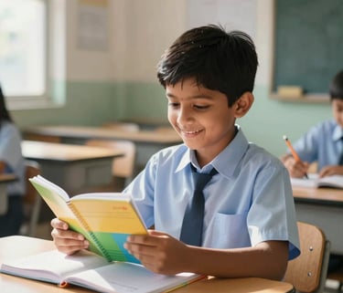 A bright, high-quality photograph of a South Asian child in a school uniform, smiling while holding a colorful notebook and pencil, natural morning sunlight streaming into a modern classroom.