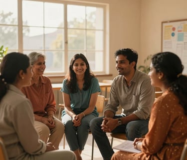 A warm, inspiring photograph of a South Asian / Indian community meeting where diverse family members are smiling and discussing plans together. Soft orange and light yellow sunlight filters through the window of a modern community hall.