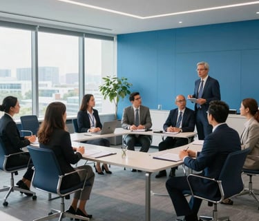 Modern corporate executive training session in a South American business hub, professionals engaged in a workshop, bright light blue interior, sleek furniture, high-end professional atmosphere.