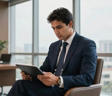 A professional South American businessman in a tailored suit sitting in a modern Brazilian office, reviewing a strategic report on a tablet, soft morning light coming through large windows, tones of navy and gold.
