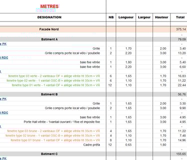 Détail Quantitatif Estimatif (DQE) réalisé sur Excel pour le métré d'un bâtimen