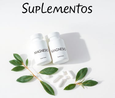 Frascos de suplemento de magnesio sobre superficie blanca con elementos naturales