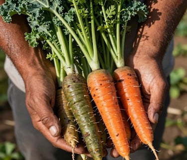Close-up of sun-browned South American / Brazilian hands cradling a variety of vibrant organic carrots and green kale recently harvested in the Agreste region. The lighting is bright, natural morning sun, showcasing textures of the vegetables and soil. Colors: dark green and earthy olive tones.