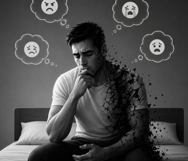 Male sitting at end of bed with thought different emotions bubbles 