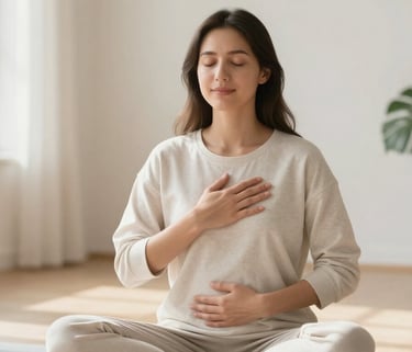 Woman practicing body scan meditation with hands on heart and belly