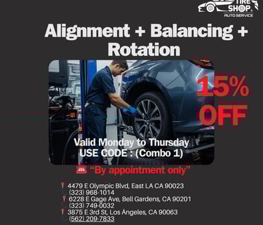 Wheel alignment, tire balancing and rotation service in Los Angeles at Fast Tire Shop with 15 percen