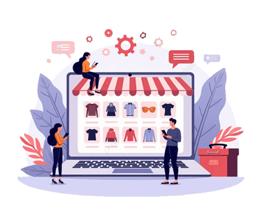 a man and woman standing in front of a laptop computer screen with a shopping cart