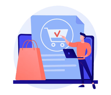 a man with a laptop and a shopping bag