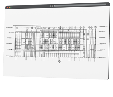 Detailed architectural building elevation drawing on a digital screen showing floor levels and structural plans.