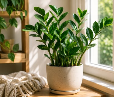 Healthy ZZ plant with glossy green leaves growing beside a bright window in a cozy home.