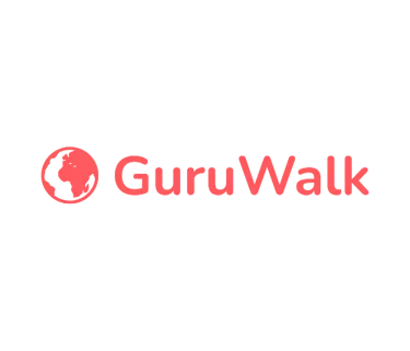 GuruWalk logo featuring a red globe icon and text for free walking tours on a black background.