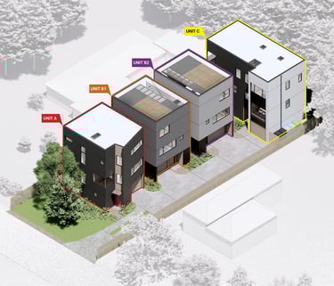 Modern multi-unit townhome development 3D architectural rendering showing unit A, B1, B2, and C site plan.