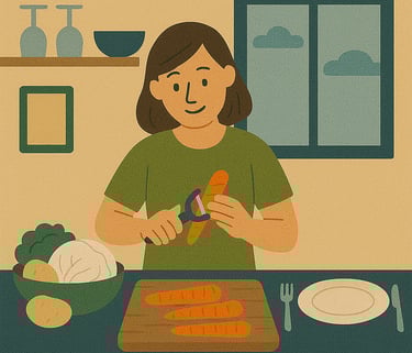 Préparation des repas : épluchage de légumes, mise en cuisson, dressage de table