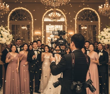a man in a suit and tie is taking a photo of a wedding party