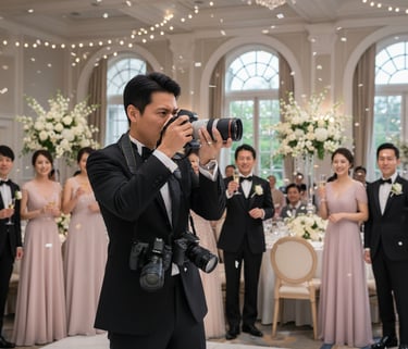 a man in a tuxedo suit and a camera