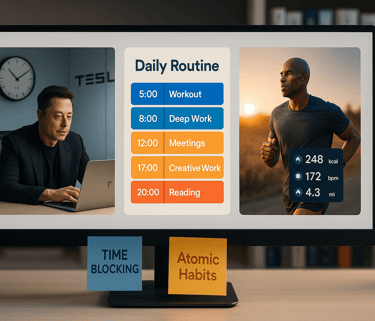 Visual guide to daily routines featuring Elon Musk's schedule, time blocking templates and productivapps