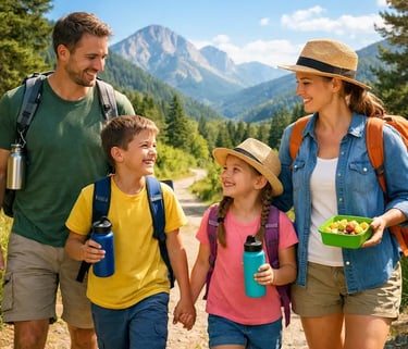 Happy family enjoying eco-friendly travel and hiking in mountains with sustainable gear.