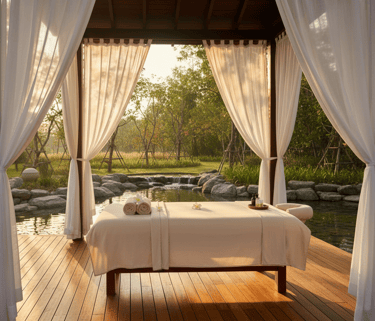 Luxury open-air spa treatment platform with natural surroundings and flowing curtains