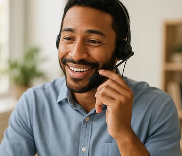 a man in a blue shirt and headphones on a phone