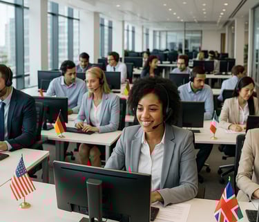 a group of people sitting at desks in a room