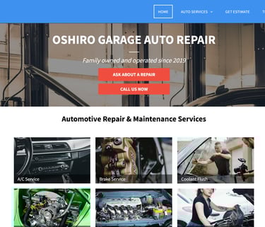 a car repair website page with a picture of a car in the background