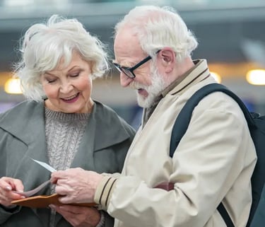 Casal de idosos analisando documentos sobre aposentadoria e acordos previdenciários.