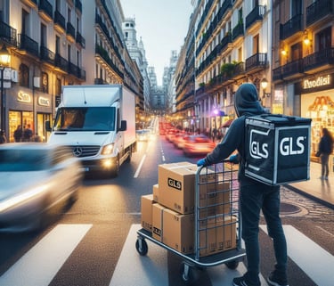 GLS delivery person moving orders on a cart in the foreground and the busy street of Madrid with the