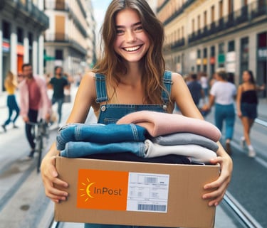 una chica sonriente transportando con cuidado una caja alargada y cerrada, llena de ropa,