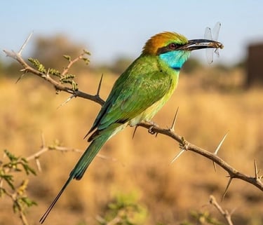 Groene Bijeneter (Merops orientalis) met een libel op een tak in Gambia.