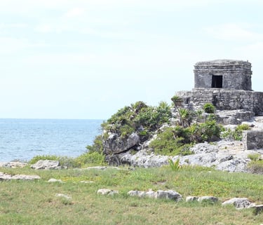 Mayan ruins in Tulum, Mexico with the Sea in the background