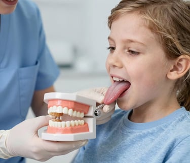 Several hands hold dental care items including a clear dental aligner, a whitening product in a small bottle, and a storage case labeled 'Candid'. The background is a solid light blue, providing a clean and minimalistic appearance.