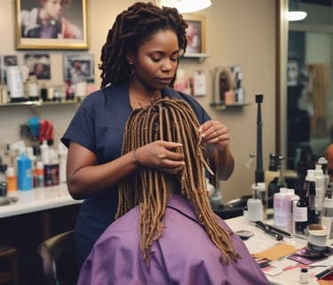 A stylist cutting a client's hair in a modern salon setting.