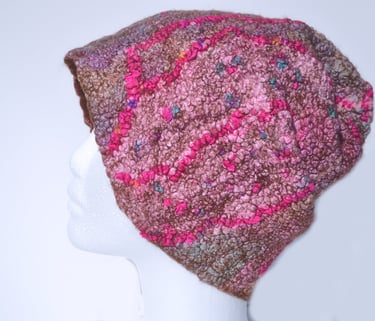 Handmade textured wool felt beanie hat in pink and brown with silk decor