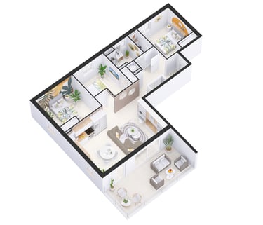 Axonométrie 3D d'un appartement moderne : visualisation claire des volumes et de l'agencement