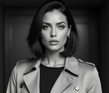 Vivienne Vale in a sleek trench coat, staring ahead in black-and-white, poised and cinematic.