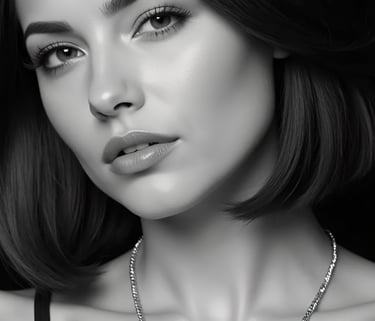 Close-up black-and-white portrait of Vivienne Vale with soft waves, matte lips, and a subtle chain n