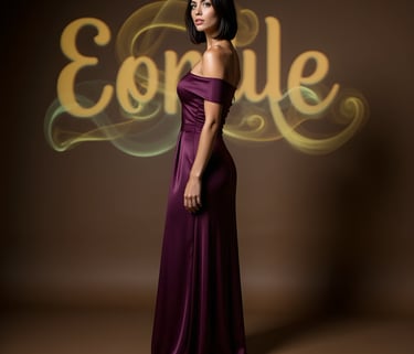 Vivienne Vale in a plum gown stands poised before golden script on a warm-toned backdrop.