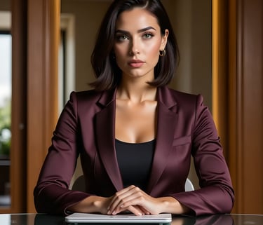 Vivienne Vale in a plum blazer sits confidently at a glass desk with a tablet before her.