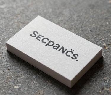 A high-end textured business card resting on a smooth stone surface, captured in soft morning light with charcoal minimalist typography, Spanish-speaking professional setting.