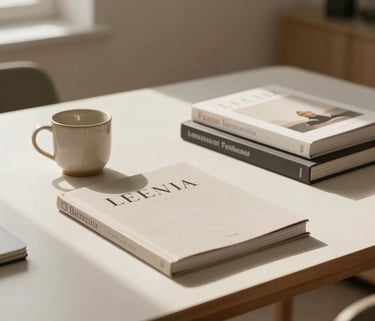 A minimalist editorial workspace in a Spanish-speaking city, featuring an off-white table, a single ceramic cup, and a stack of neutral design books, bathed in warm natural light.