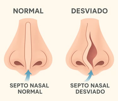 Ilustração médica comparando um septo nasal normal com um septo nasal desviado.