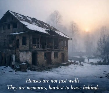 “कश्मीर में बर्फीली सुबह का एक खाली पारंपरिक घर — विस्थापन और स्मृति का प्रतीक”