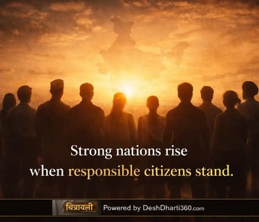 Silhouettes of diverse Indian citizens united under sunrise, symbolizing civic responsibility and peace building.