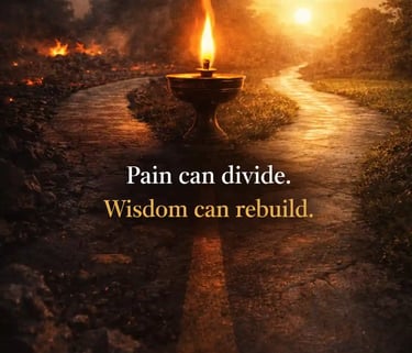 Symbolic crossroads showing pain leading to division or reconciliation, representing political use of memory.