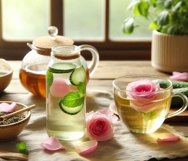 cucumber and mint mixed in glass jar, with a floral tea