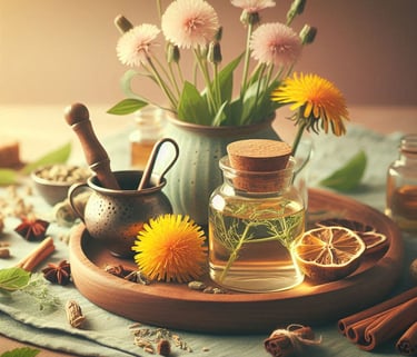 a table with a dandelion tonic 