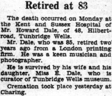 Howard Dale, 1865-1950, 48 (70) Hilbert Road, Tunbridge Wells TN2 3SB